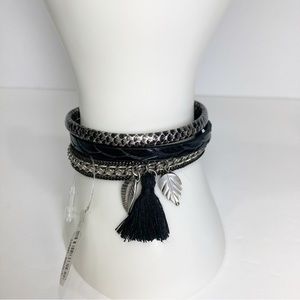 Multi Cord Black Silver Bracelet Magnetic Closure Faux Leather Charms Tassel NEW